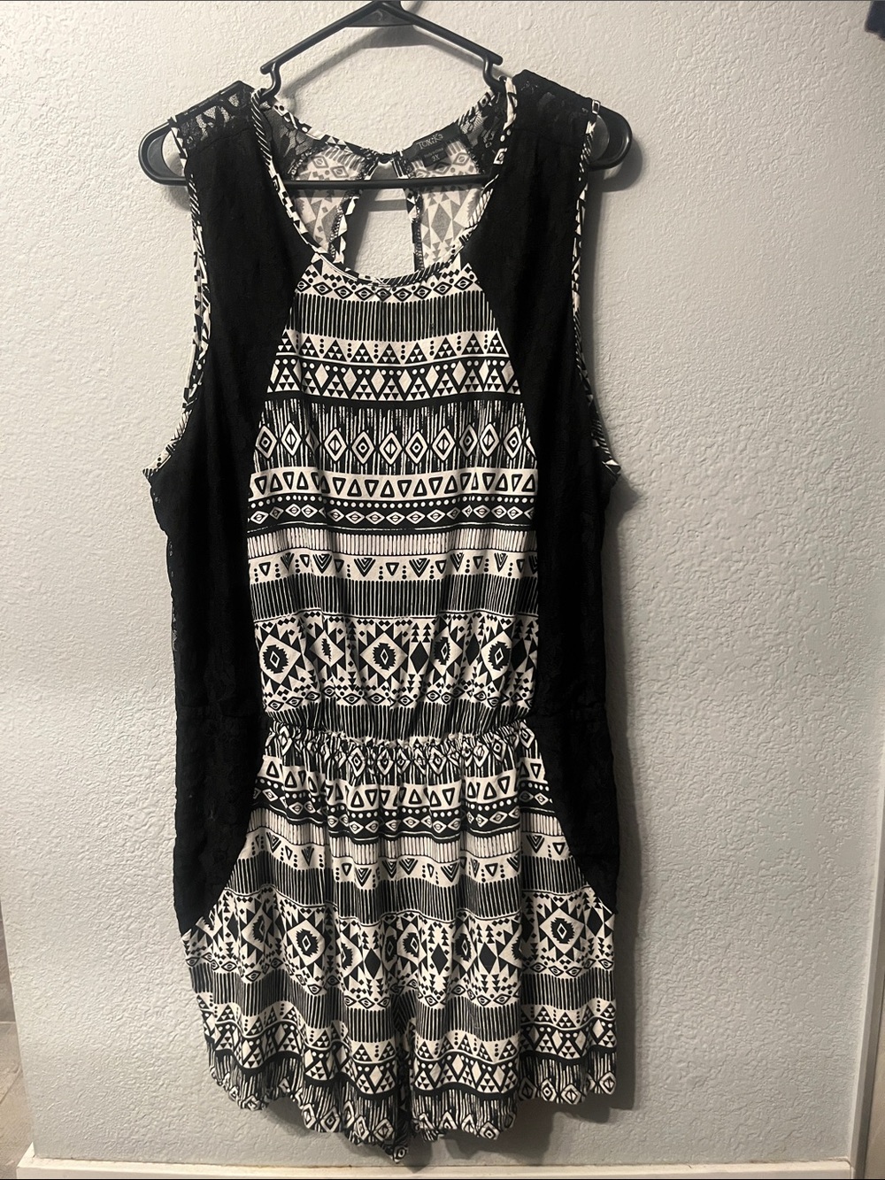 Black & White Patterned Romper with Lace Side Panels